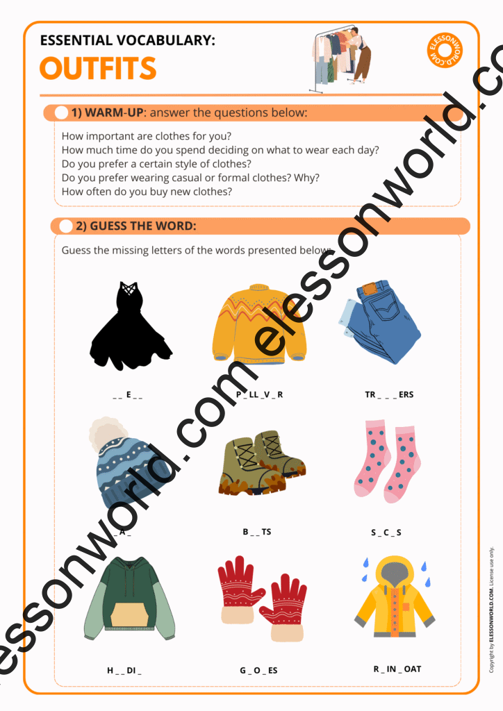 A2–B1 ESL worksheet on clothes and outfits with vocabulary practice and speaking tasks