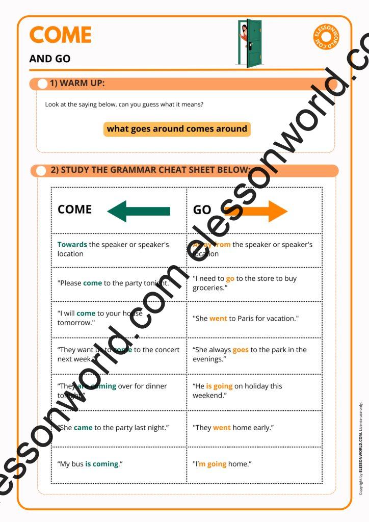 A2–B1 ESL lesson on come and go, including common phrasal verbs