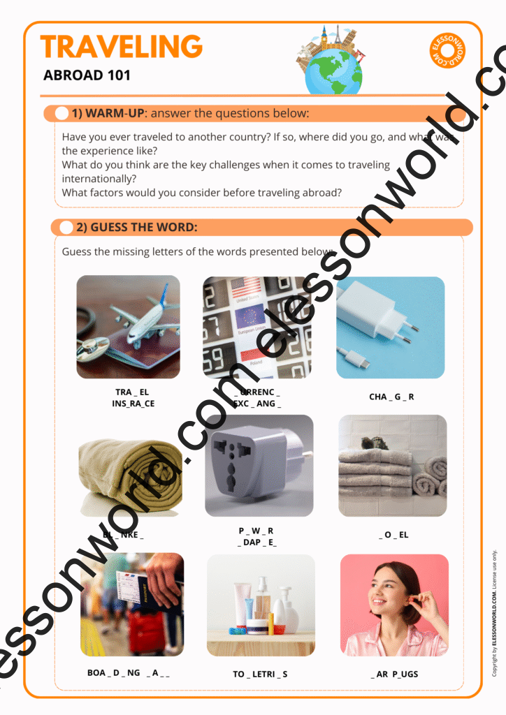 A2–B1 ESL lesson on travel vocabulary, airport phrases, and common situations abroad