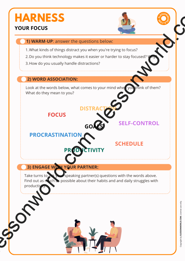 B1–B2 ESL lesson on focus and concentration, featuring vocabulary practice, strategies for avoiding distractions, and speaking exercises.