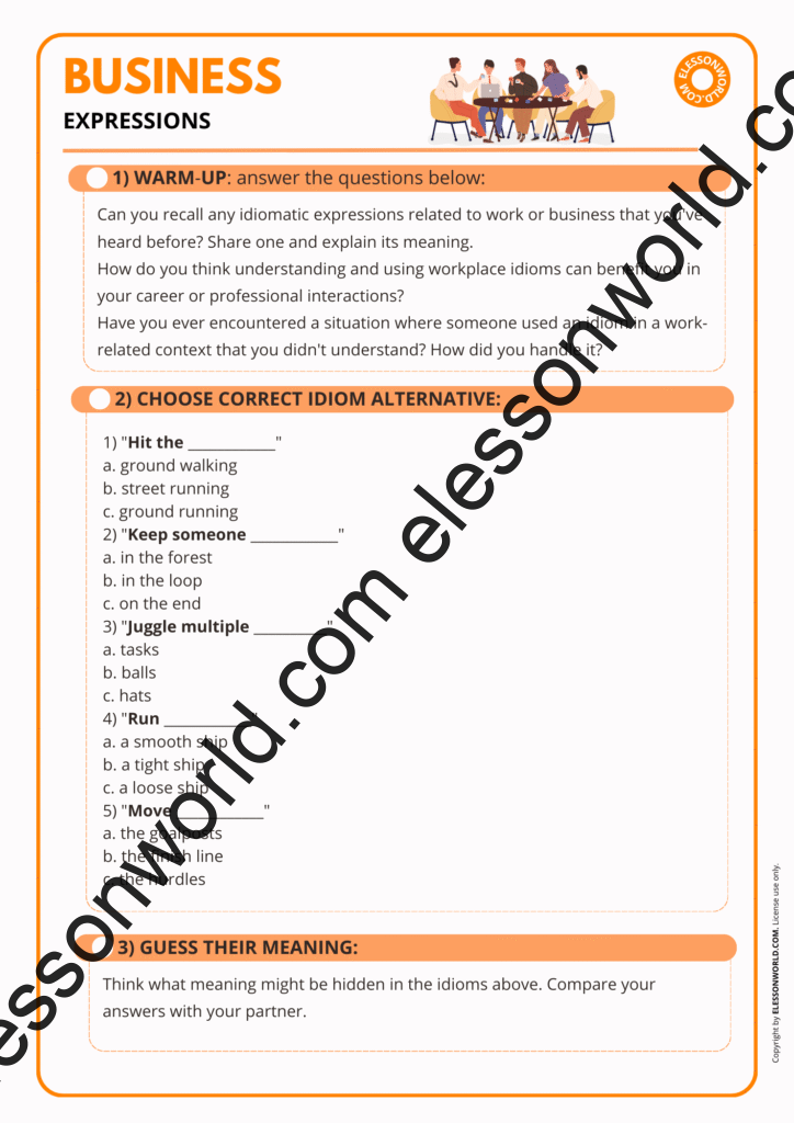 Advanced B2–C1 Business English worksheet teaching common business expressions and idioms with speaking tasks