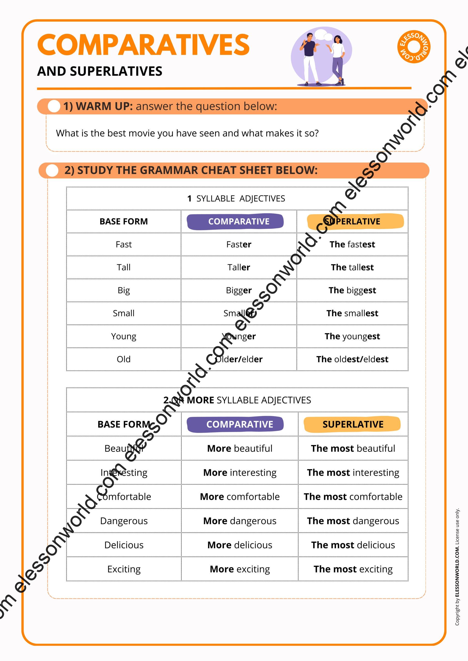 Comparison Lesson Comparatives and Superlatives A2-B1 ESL Lesson Plan- elessonworld.com