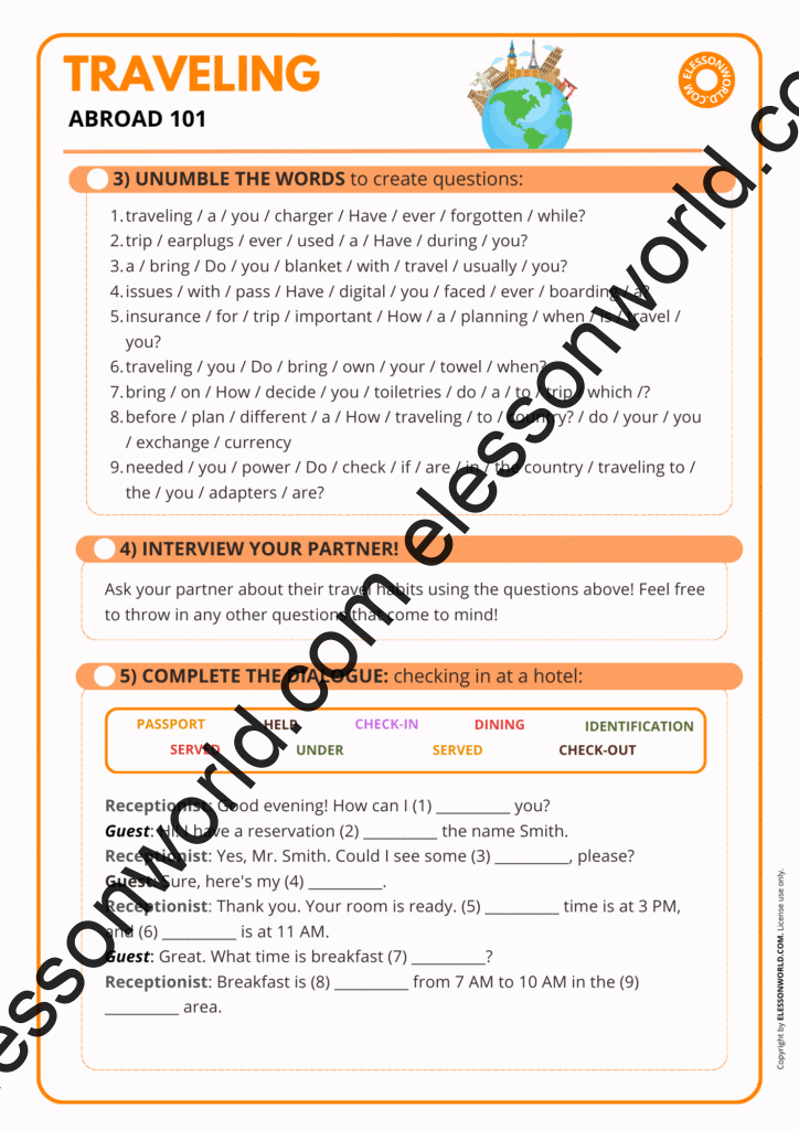 A2–B1 ESL lesson on travel vocabulary, airport phrases, and common situations abroad