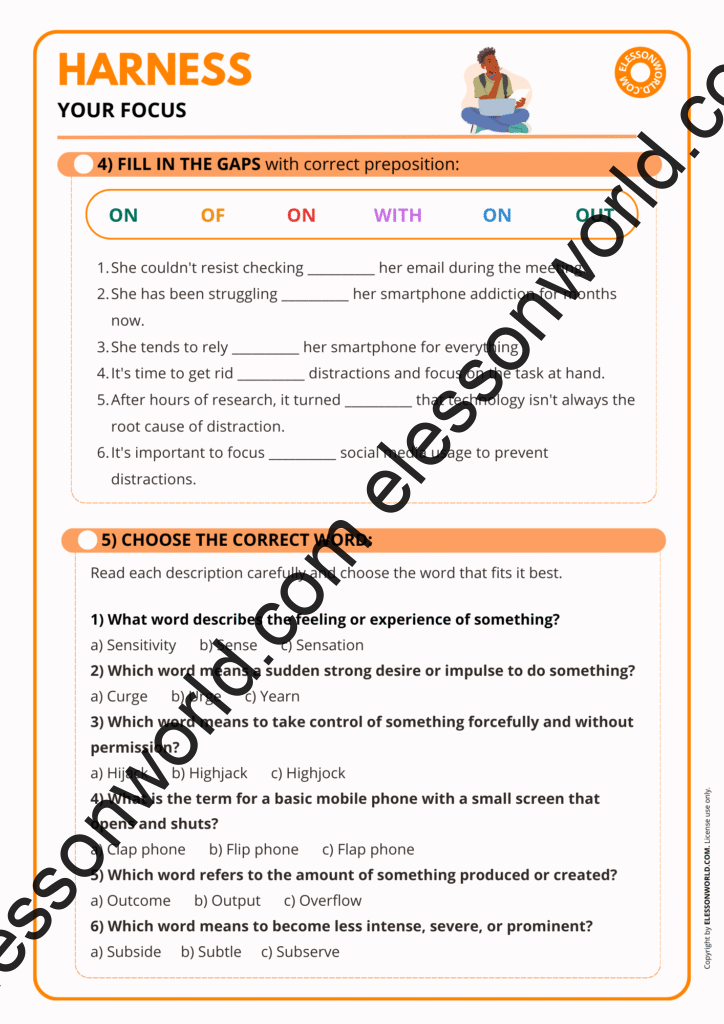 B1–B2 ESL lesson on focus and concentration, featuring vocabulary practice, strategies for avoiding distractions, and speaking exercises.