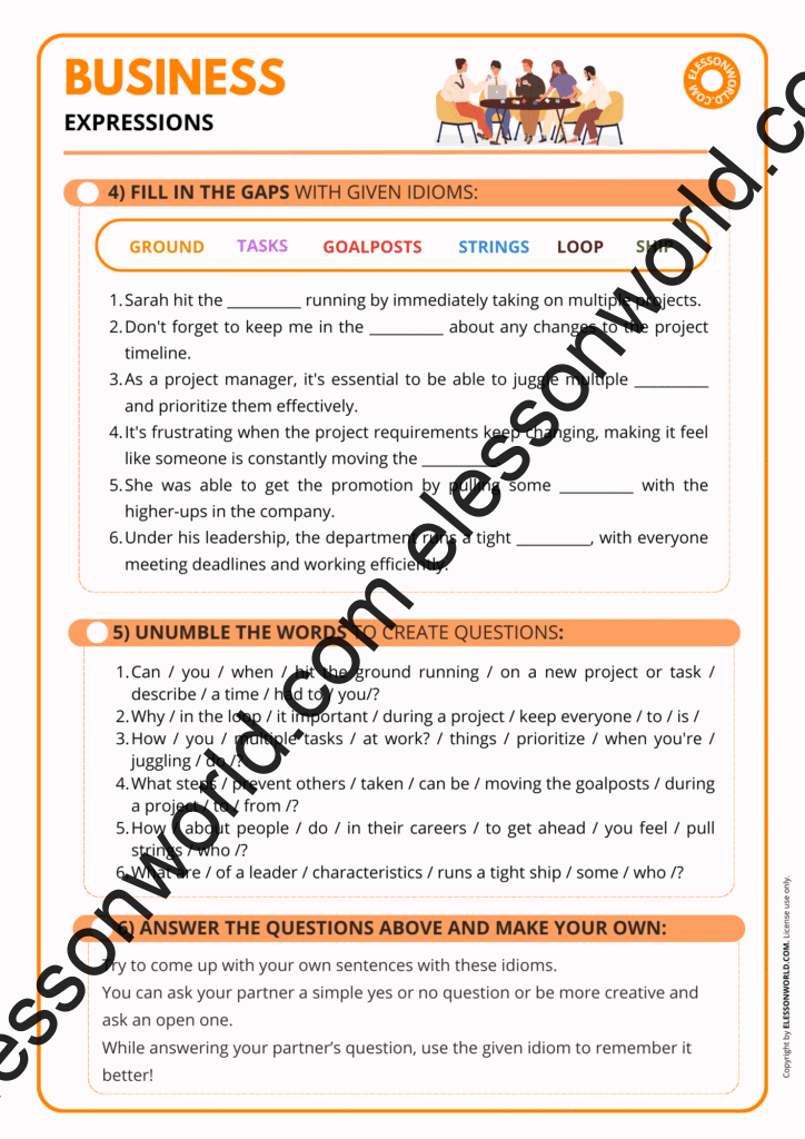 Advanced B2–C1 Business English worksheet teaching common business expressions and idioms with speaking tasks
