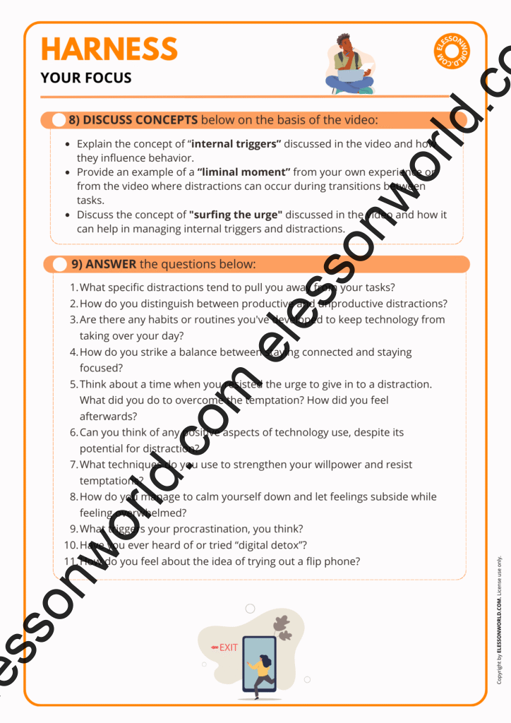 B1–B2 ESL lesson on focus and concentration, featuring vocabulary practice, strategies for avoiding distractions, and speaking exercises.