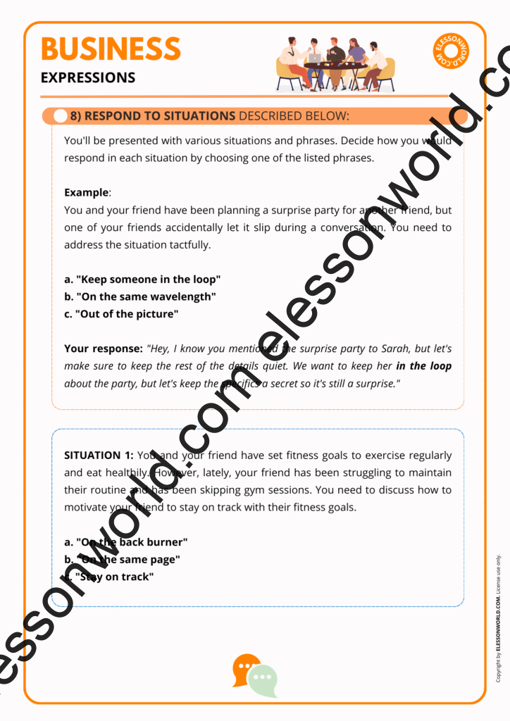 Advanced B2–C1 Business English worksheet teaching common business expressions and idioms with speaking tasks