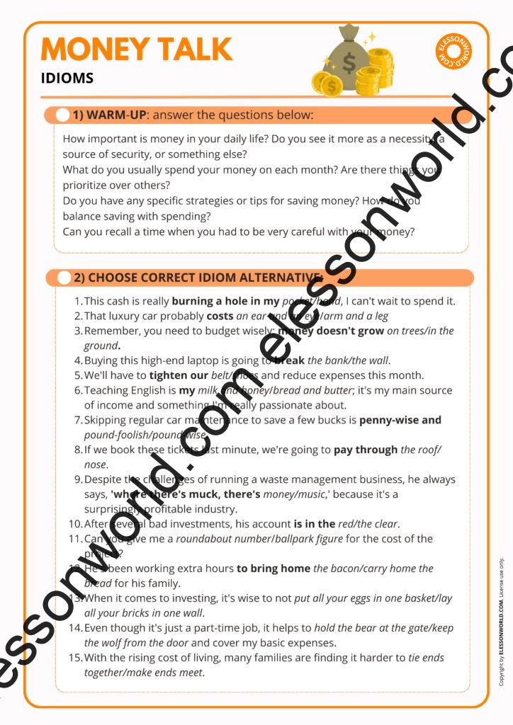 B1–B2 ESL lesson on money idioms and speaking tasks