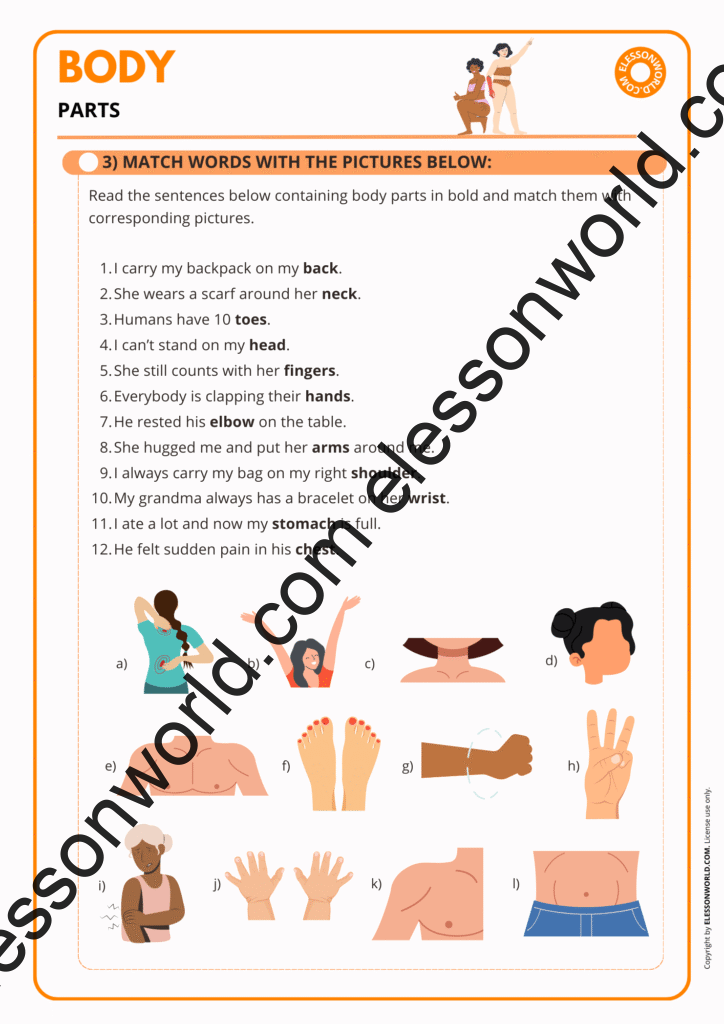 Beginner ESL lesson on basic body parts vocabulary with pictures