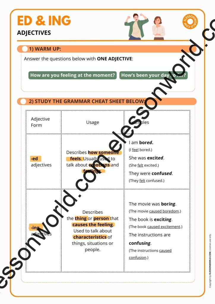 A2–B1 ESL lesson on -ed and -ing adjectives with practice tasks