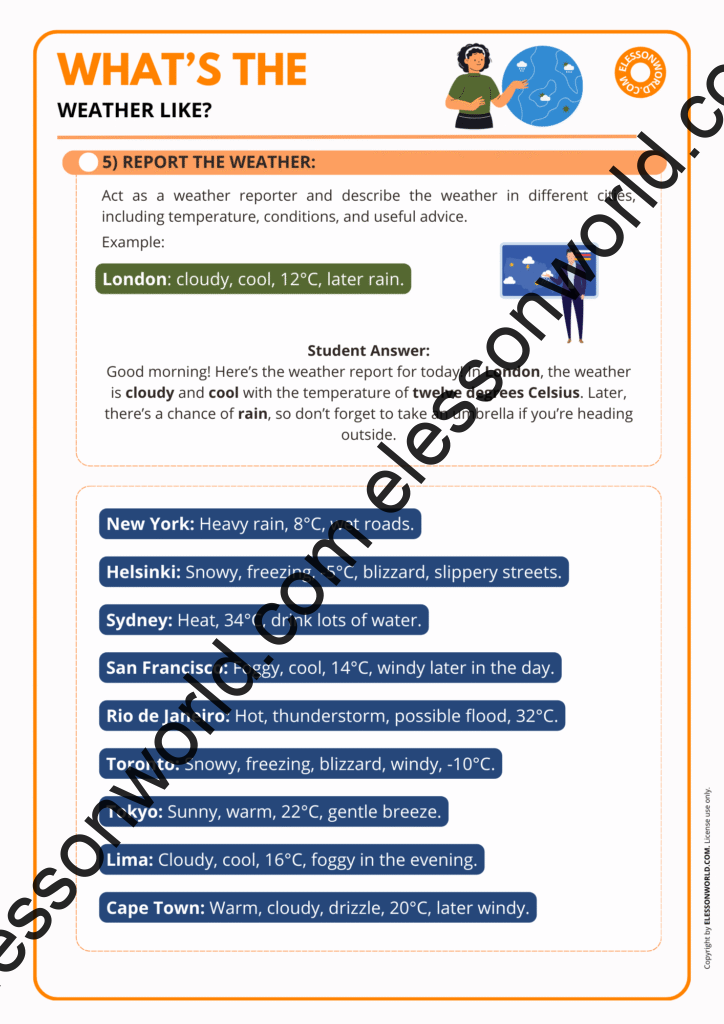 A1–A2 ESL lesson on weather vocabulary with speaking and listening tasks