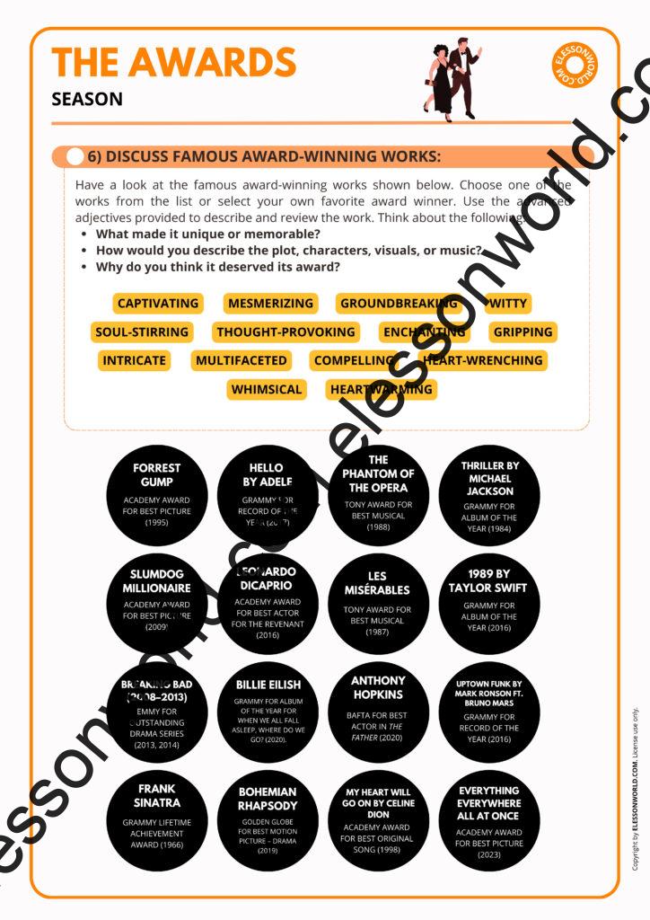 B2–C1 ESL lesson on awards shows, adjectives, idioms, and debates