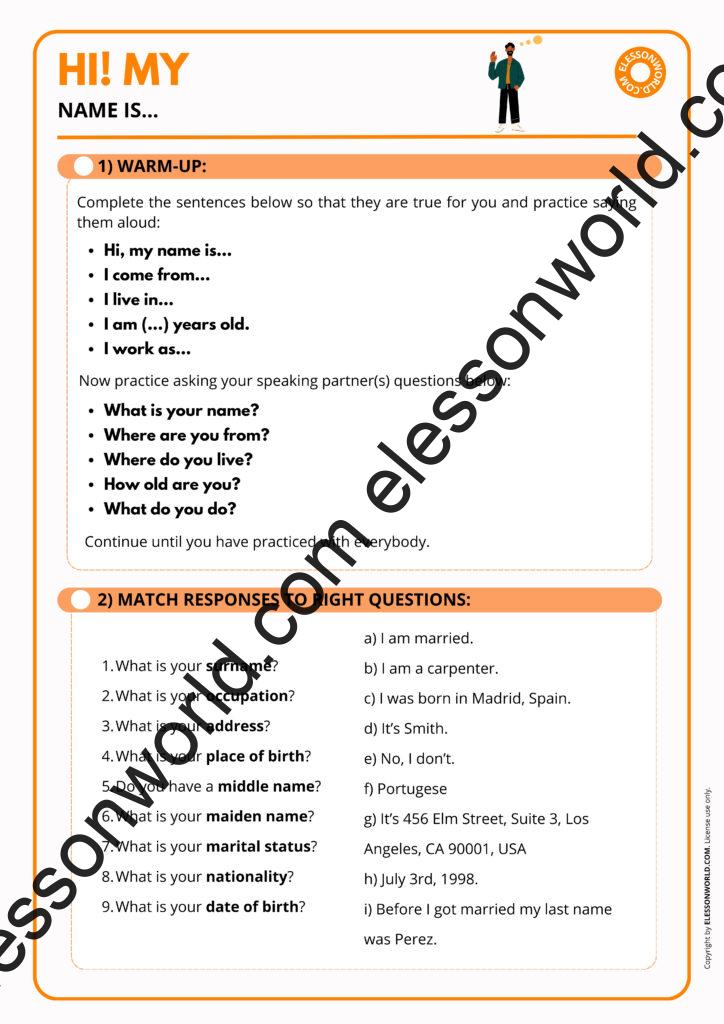 A1–A2 ESL lesson on personal information, jobs, and nationalities