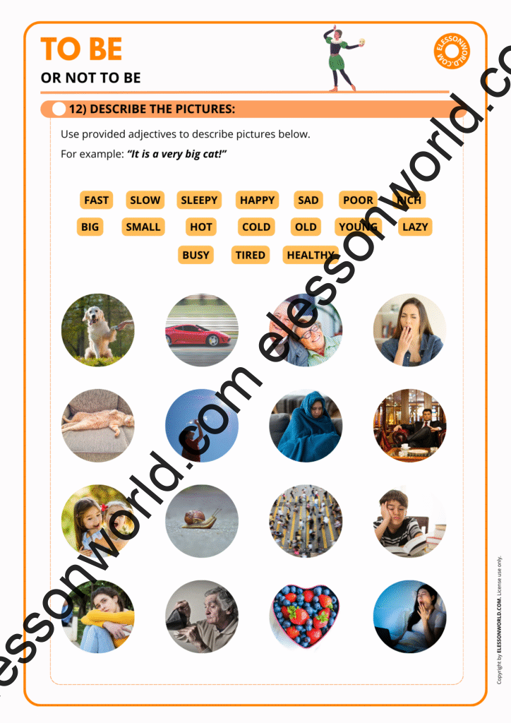 A1 ESL lesson on the verb “to be” with simple grammar practice and speaking tasks.