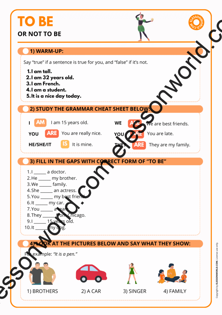 A1 ESL lesson on the verb “to be” with simple grammar practice and speaking tasks.
