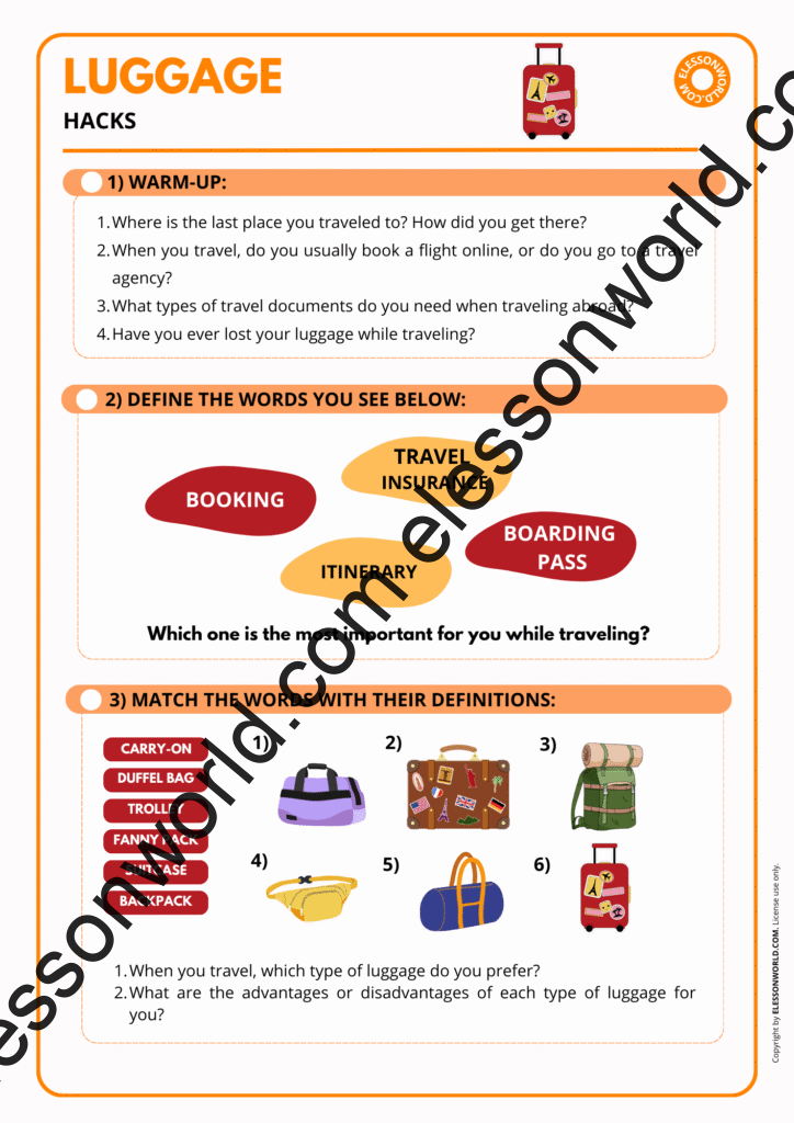 A2-B1 ESL lesson on travel and luggage vocabulary with pictures and speaking tasks.