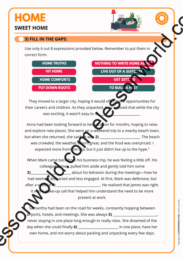 B1–B2 ESL lesson on home-related idioms and expressions with speaking activities.