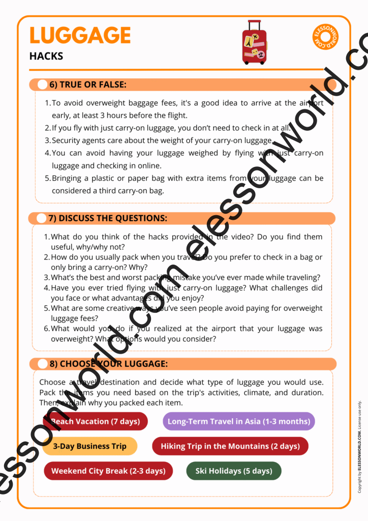 A2-B1 ESL lesson on travel and luggage vocabulary with pictures and speaking tasks.