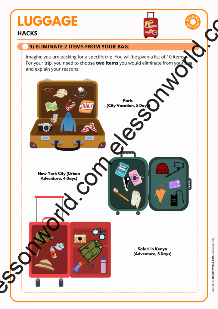 A2-B1 ESL lesson on travel and luggage vocabulary with pictures and speaking tasks.