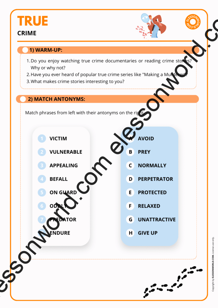 B1–B2 ESL lesson on true crime vocabulary with discussions, reading, and speaking tasks