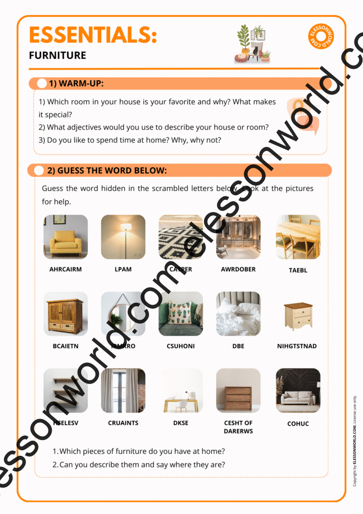 A1–A2 ESL lesson on furniture vocabulary with pictures, labeling tasks, and simple dialogues.