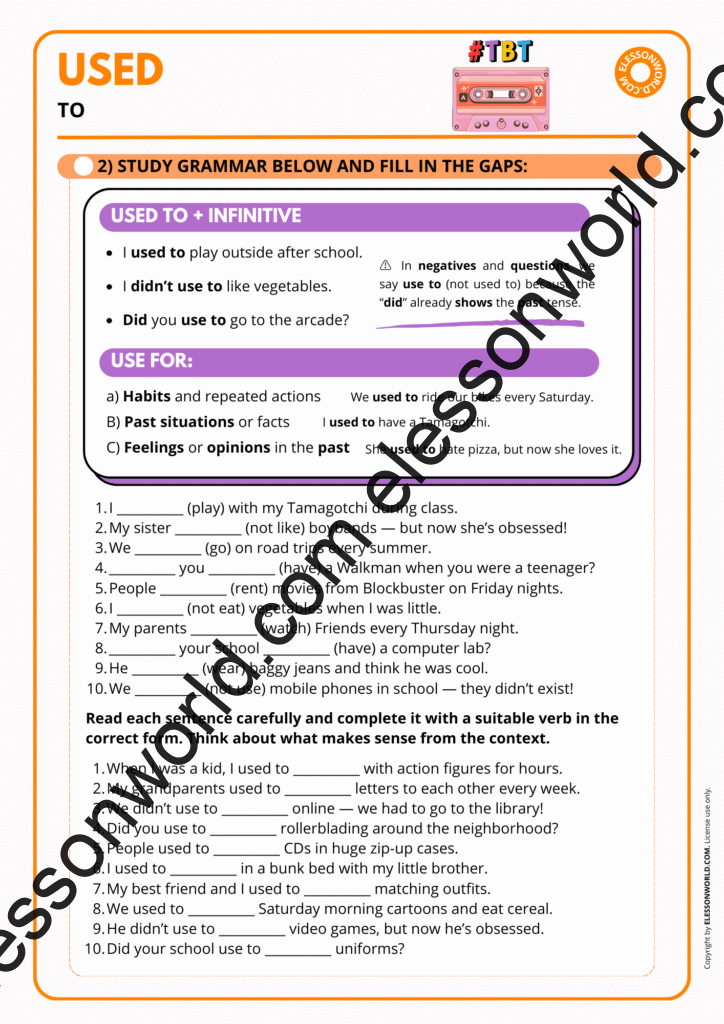 A2–B1 ESL lesson on “used to” and past habits with gap-fills and speaking prompts.