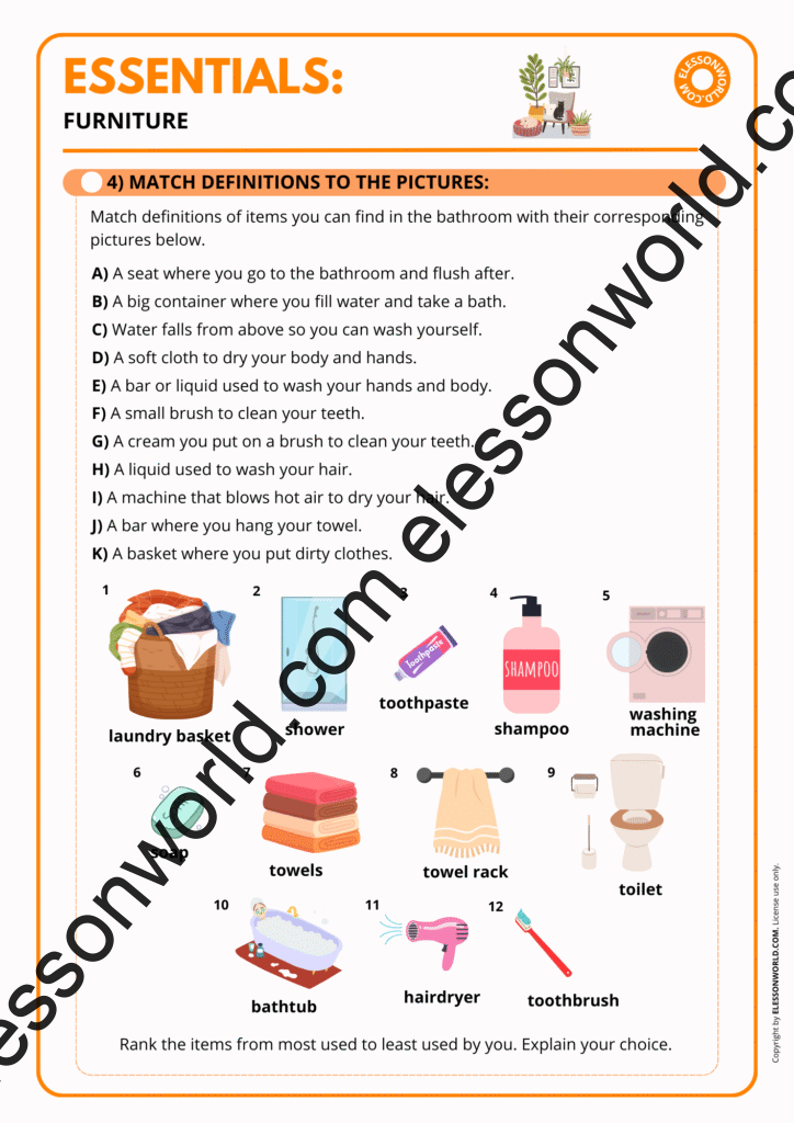A1–A2 ESL lesson on furniture vocabulary with pictures, labeling tasks, and simple dialogues.