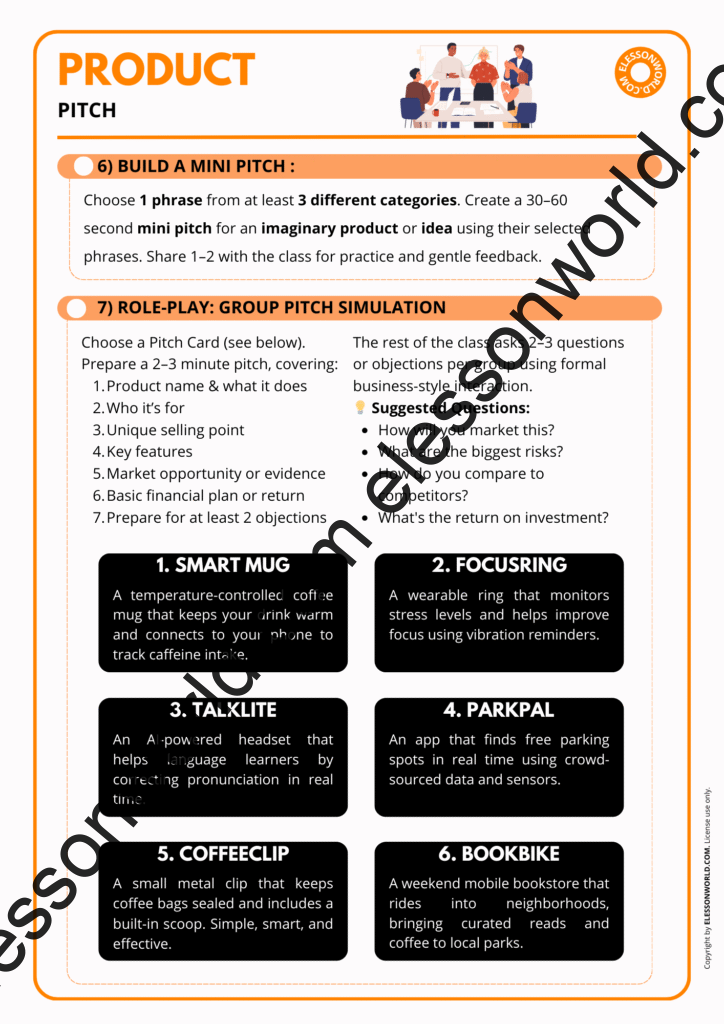 B2–C1 Business English lesson on product pitching with persuasive vocabulary and speaking tasks.
