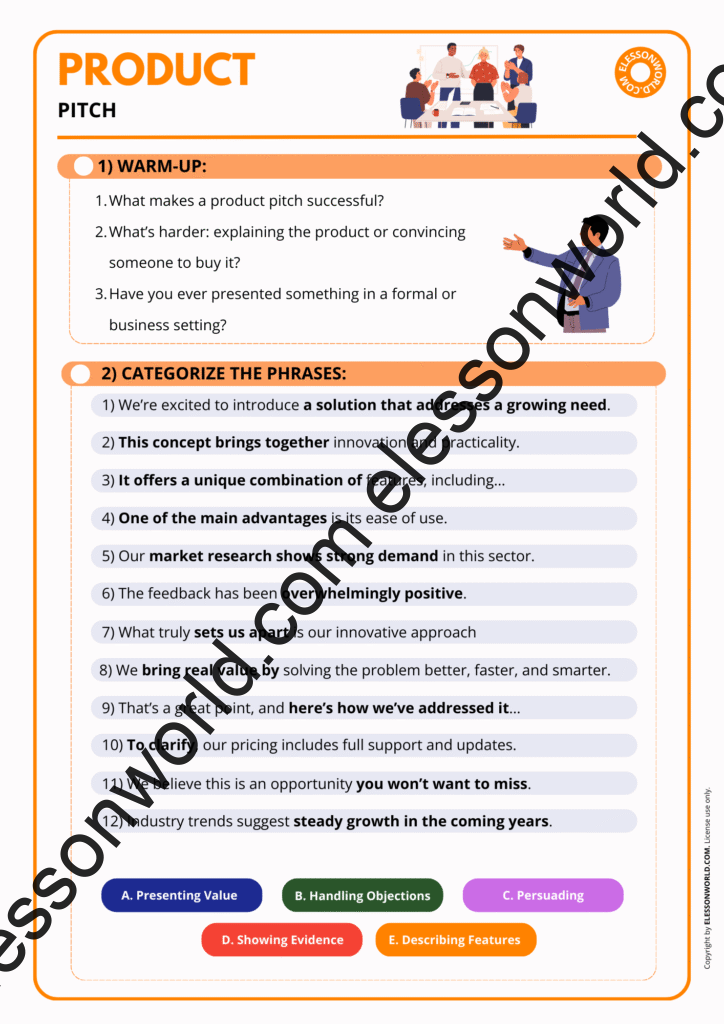 B2–C1 Business English lesson on product pitching with persuasive vocabulary and speaking tasks.