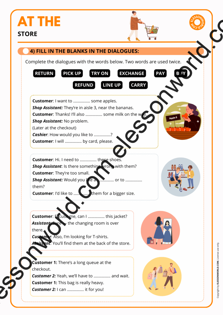 A1–A2 ESL lesson on shopping vocabulary with dialogues, role-plays, and picture prompts.