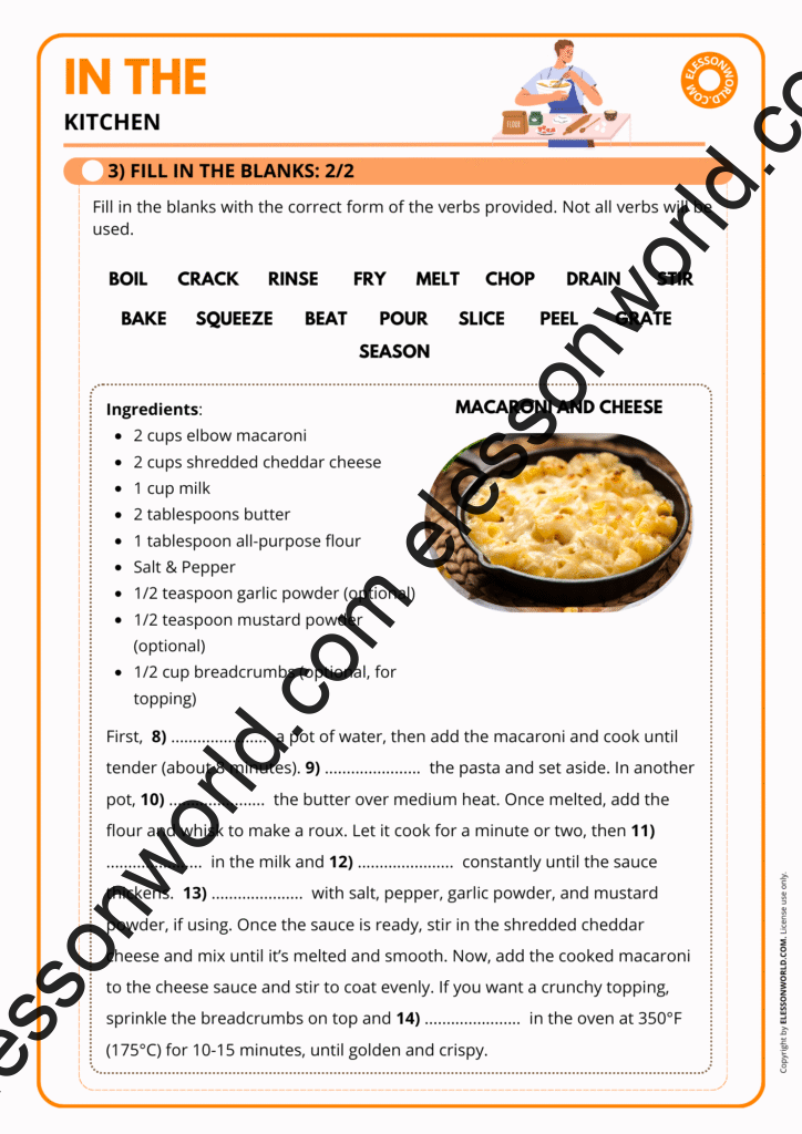 A1–A2 ESL lesson on kitchen vocabulary with verbs, utensils, pictures, and speaking tasks.