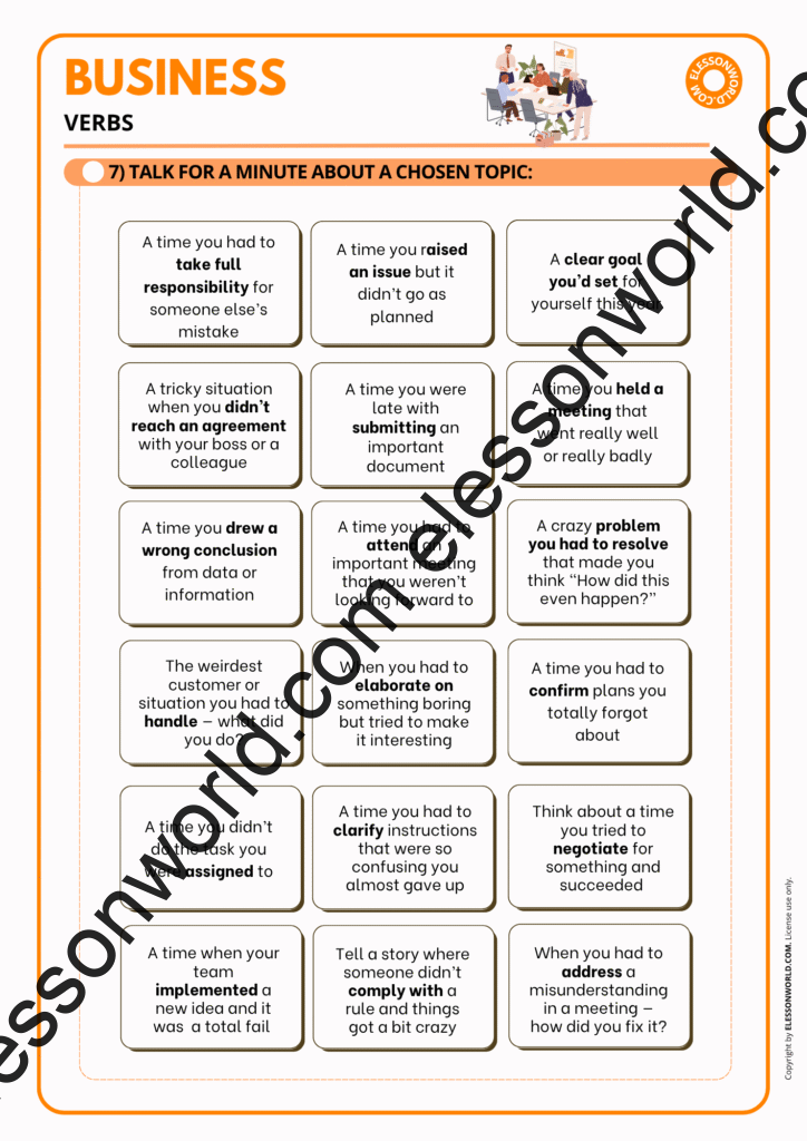 Worksheet preview from the B1–B2 Business English lesson practicing essential workplace verbs and professional communication tasks.