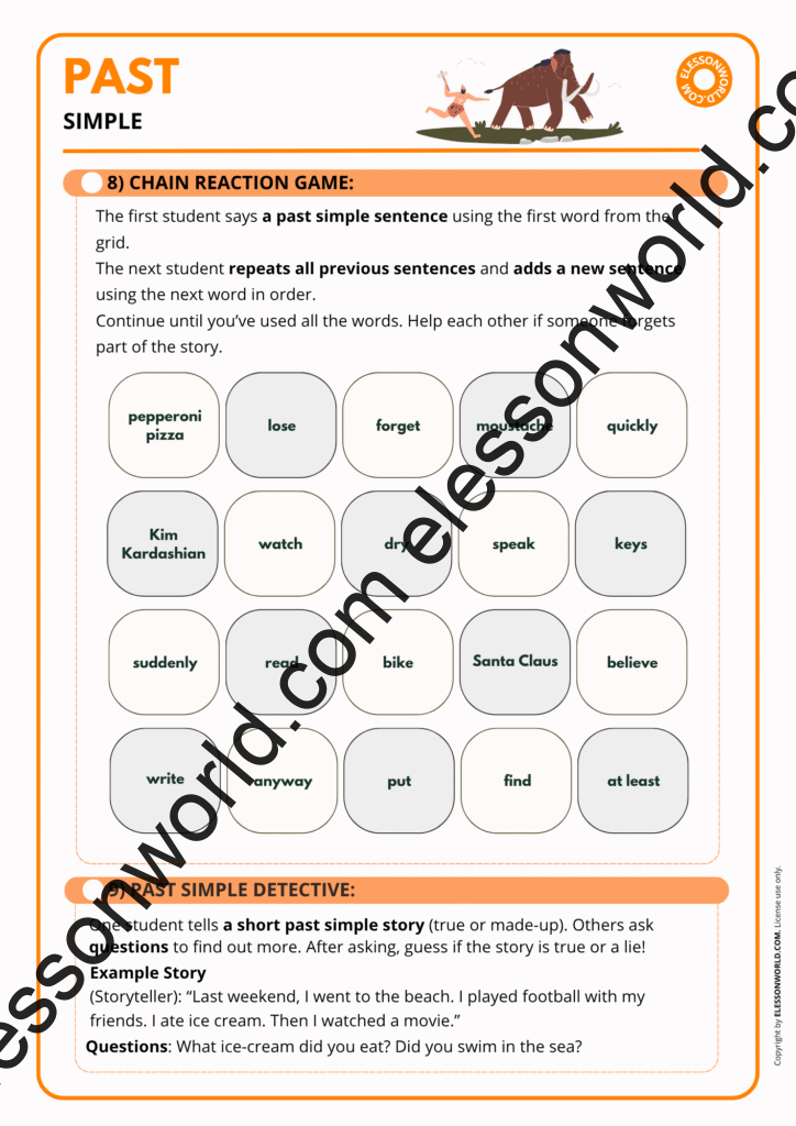 A1–A2 ESL lesson on the past simple tense with timelines, gap-fills, and speaking tasks.