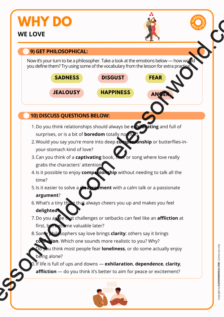 Advanced ESL lesson preview focusing on noun formation, descriptive adjectives, and philosophical discussions about love and human relationships.