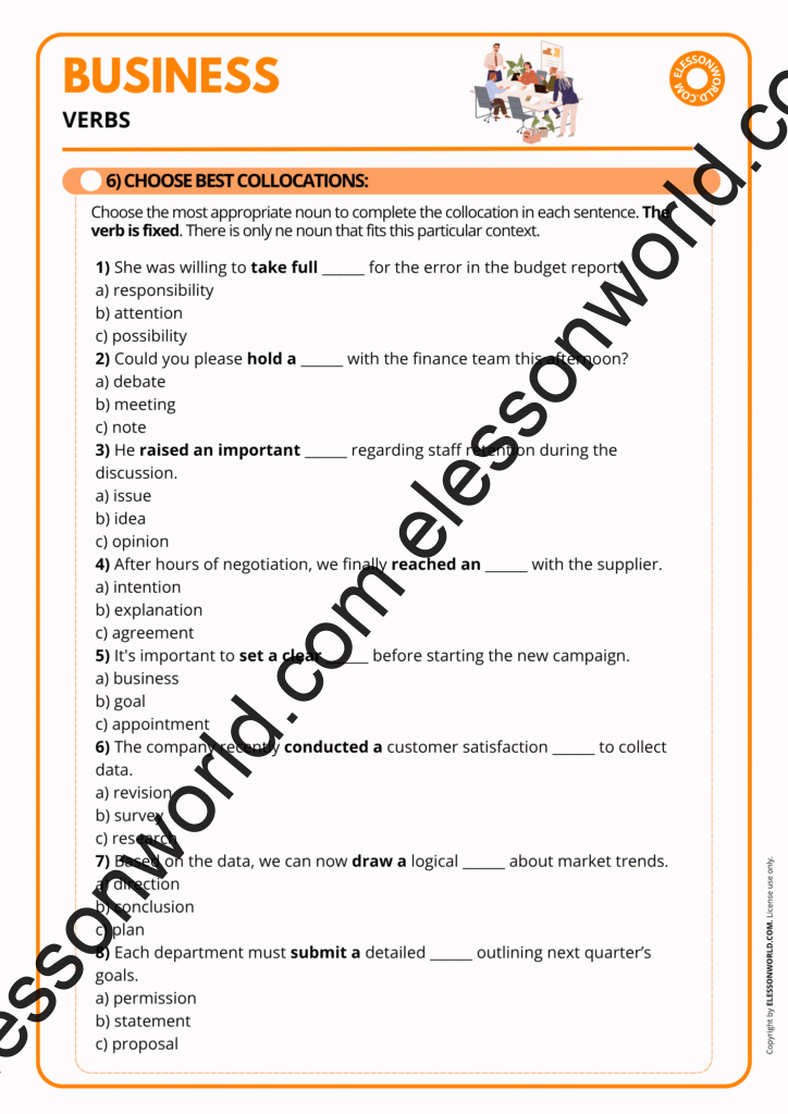 B1–B2 ESL lesson on essential business verbs and collocations