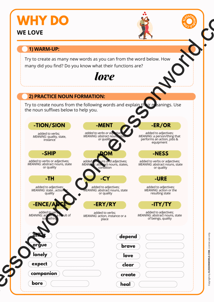 B2–C1 ESL lesson on noun formation and adjectives related to love