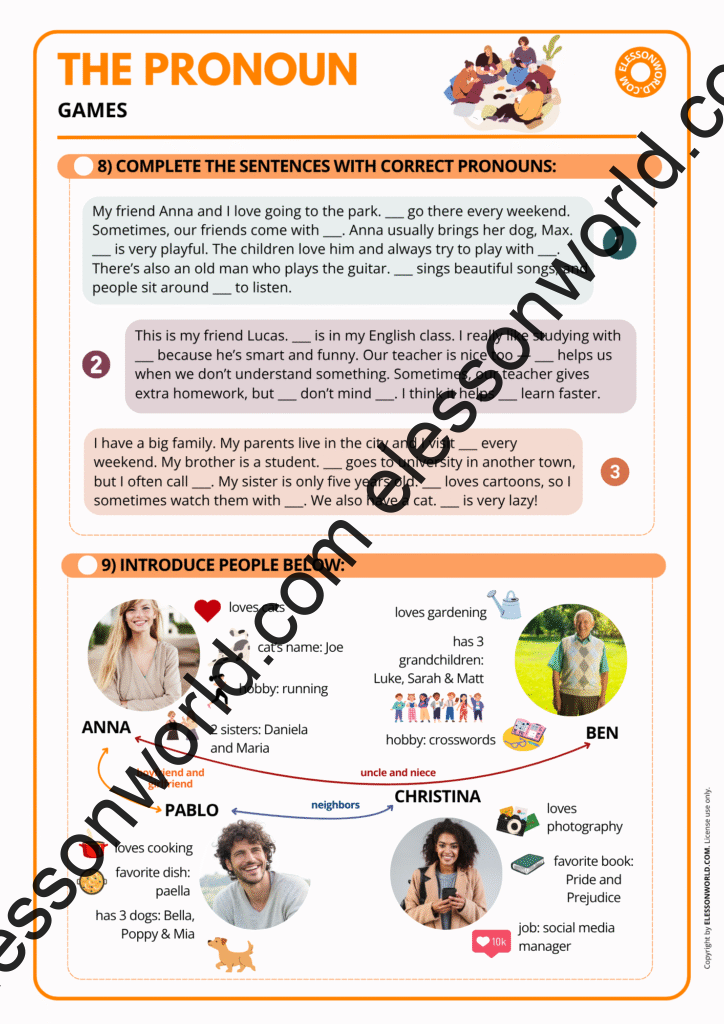 Preview from the “Pronoun Games” A1–A2 ESL lesson with fun activities to practice subject and object pronouns through speaking tasks and simple grammar exercises.