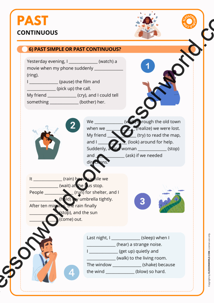 Preview of an A2–B1 ESL lesson teaching the past continuous through grammar explanations, picture prompts, and pair-work.