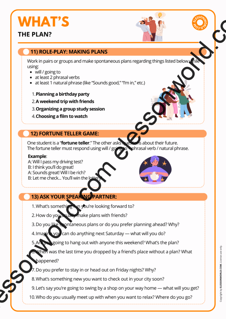 A2–B1 ESL lesson on using will and going to for future plans