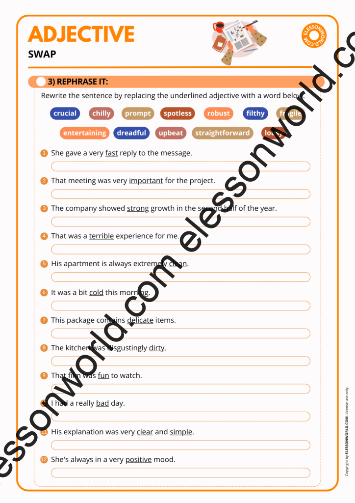 Preview of a B1–B2 ESL lesson focusing on adjectives, synonyms, and expressive speaking activities.
