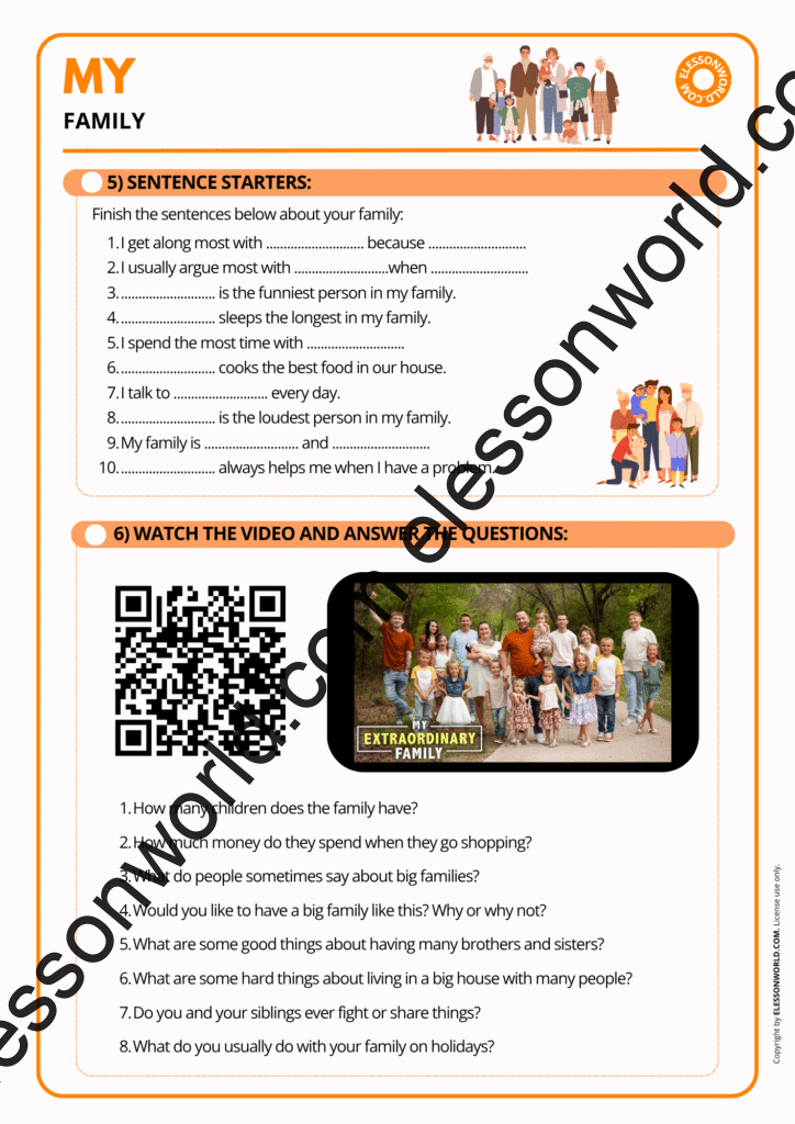 Preview of an A1–A2 ESL lesson teaching family members vocabulary through pictures, matching tasks, and speaking practice.