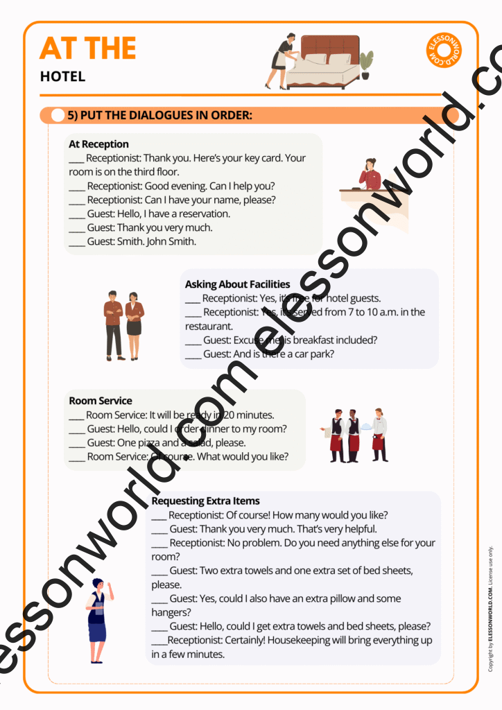 Preview of an A1–A2 ESL lesson teaching hotel and travel vocabulary through dialogues, role-plays, and speaking tasks.