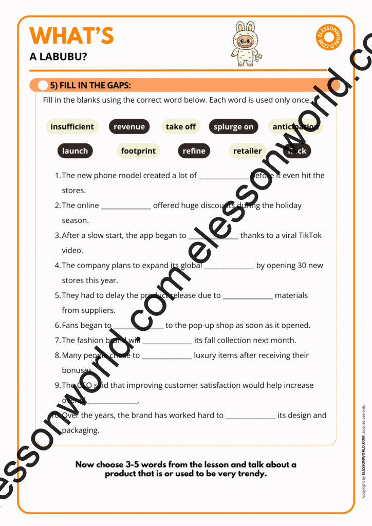 Preview of a B1–B2 ESL lesson teaching marketing and consumer vocabulary through a trendy cultural topic.