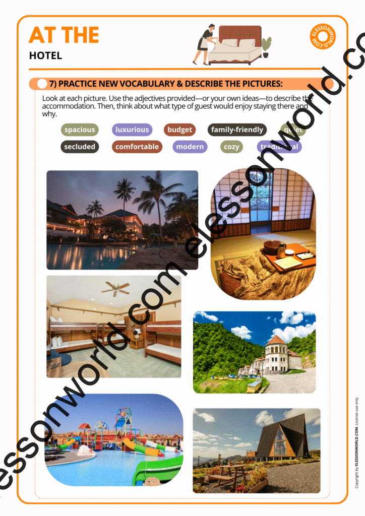 Preview of an A1–A2 ESL lesson teaching hotel and travel vocabulary through dialogues, role-plays, and speaking tasks.