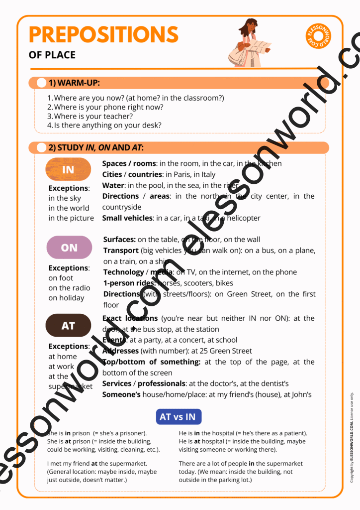 Preview of an A1–A2 ESL lesson practicing prepositions of place through images, matching tasks, and simple speaking exercises.