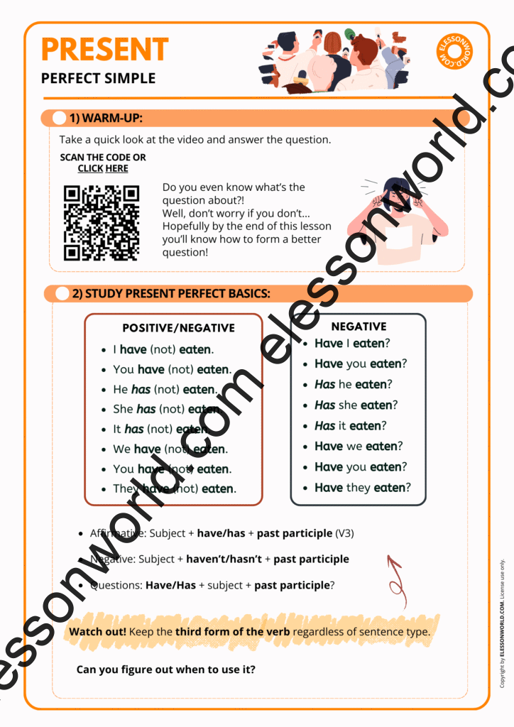 Preview of an A2–B1 ESL lesson teaching the present perfect through timelines, gap-fills, and communication activities.