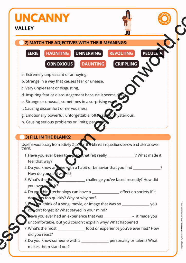 Preview of a B2–C1 ESL lesson exploring eerie, unsettling vocabulary and idioms through discussion and analysis tasks.