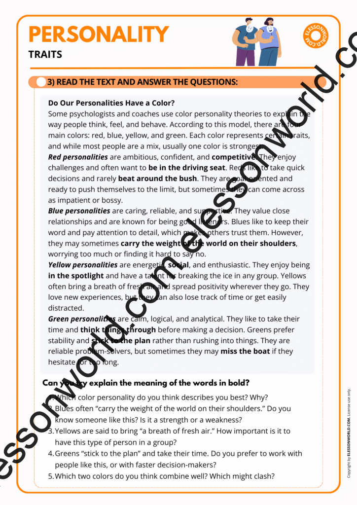 Preview of a B1–B2 ESL lesson focusing on personality adjectives through matching tasks, descriptions, and speaking practice.