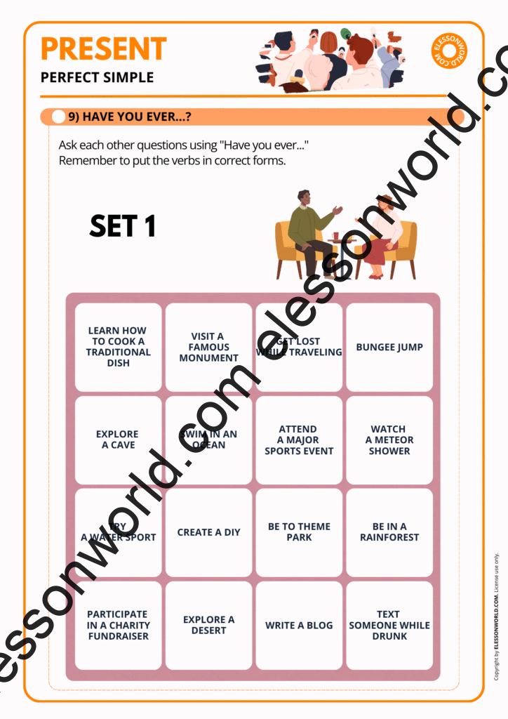 Preview of an A2–B1 ESL lesson teaching the present perfect through timelines, gap-fills, and communication activities.