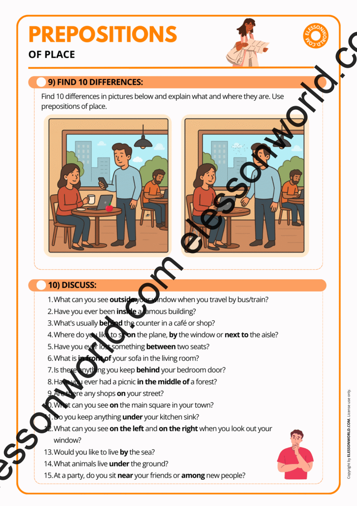 Preview of an A1–A2 ESL lesson practicing prepositions of place through images, matching tasks, and simple speaking exercises.